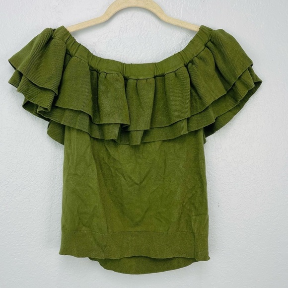 J Crew Olive Green Ruffles  Off Shoulder Crop Top - Picture 3 of 7